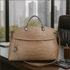 NEW Furla Piper Beige Croc Embossed Leather Top Handle Satchel/Tote/Shoulder Bag